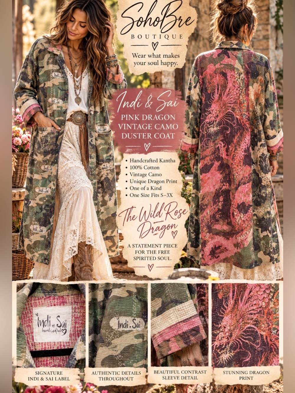 Indi & Sai Pink Dragon Vintage Camo Kantha Duster Coat | Wearable Art